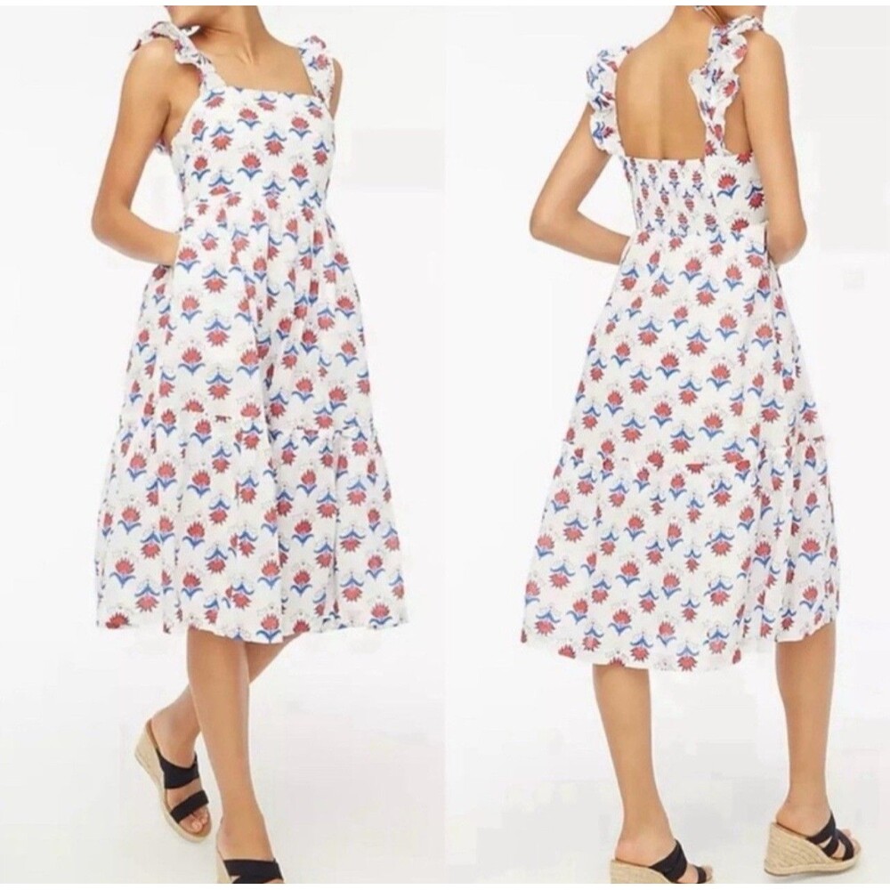 J.CREW Midi Dress Size‎ 14 White Floral Ruffle Sleeve Smocked Cotton Red Blue